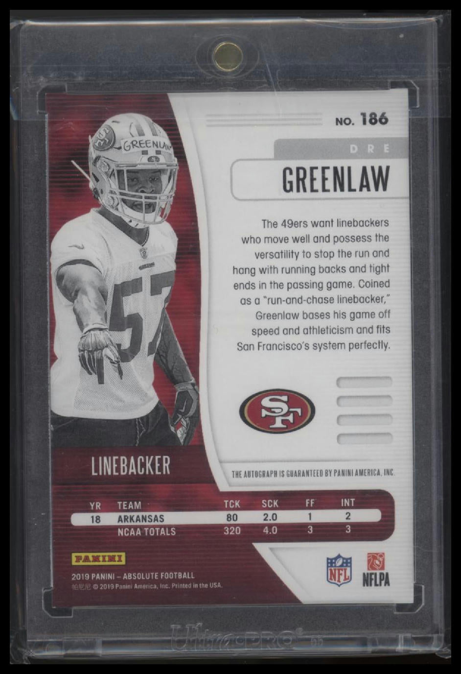 2019 Panini Absolute #186 Dre Greenlaw Signature Rookies Spectrum Orange #/50