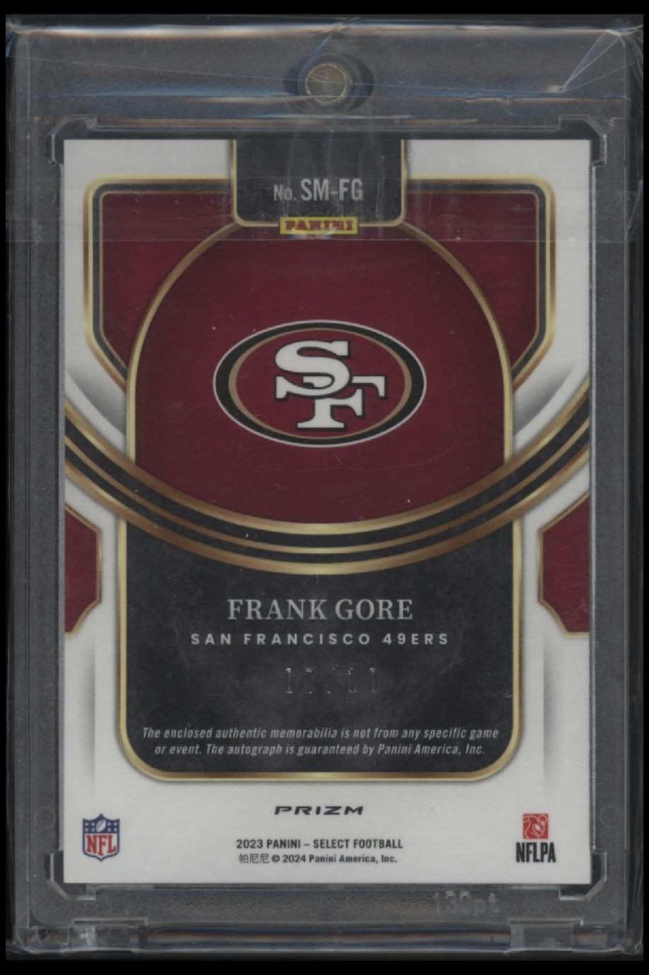 2023 Panini Select #SM-FG Frank Gore Signature Memorabilia Gold Prizm #/10