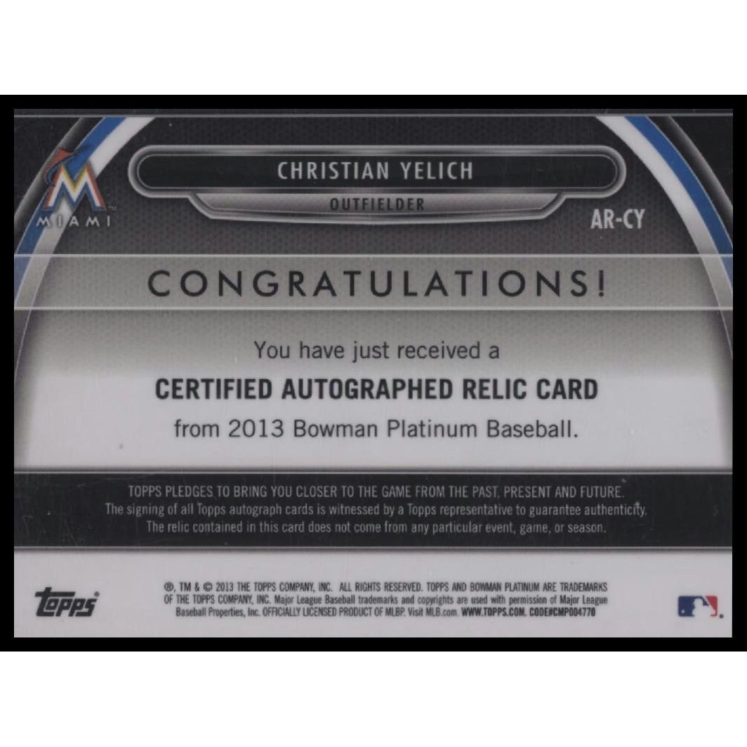 2013 Bowman Platinum #AR-CY Christian Yelich Relic Autographs