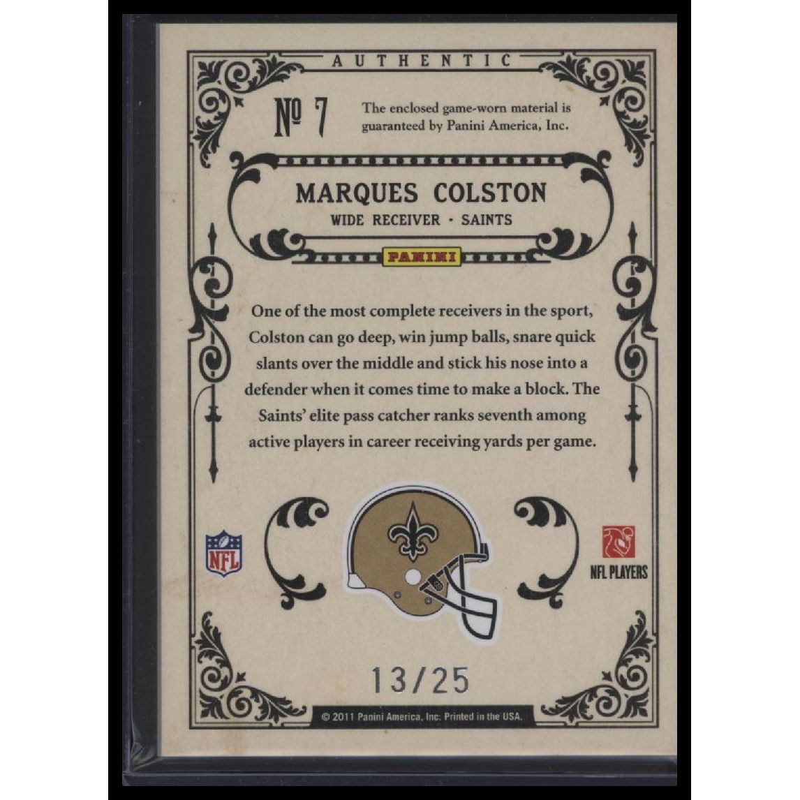 2011 Panini Gold Standard #7 Marques Colston Gridiron Gold Materials Prime #/25