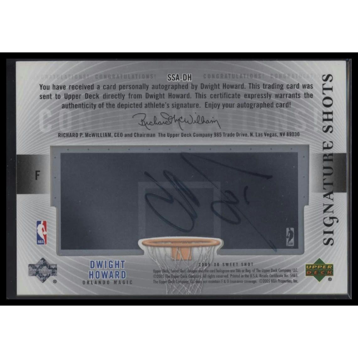 2005-06 Upper Deck Sweet Shot #SSA-DH Dwight Howard Signature Shots Acetate #/75