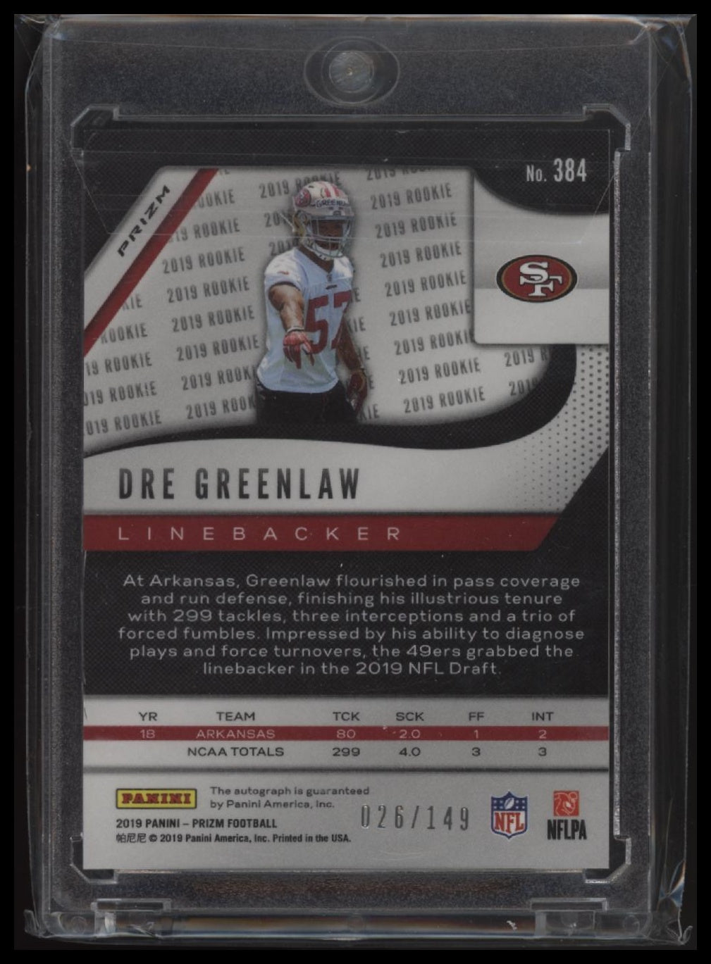 2019 Panini Prizm #384 Dre Greenlaw Rookie Autographs Prizm Red Wave #/149