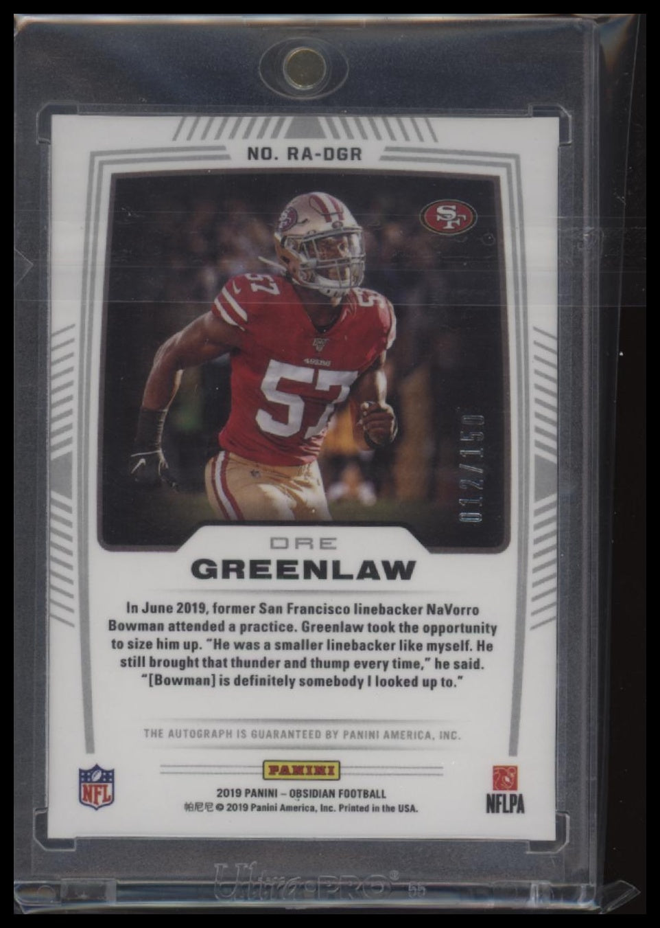 2019 Panini Obsidian Dre Greenlaw #RA-DGR /150