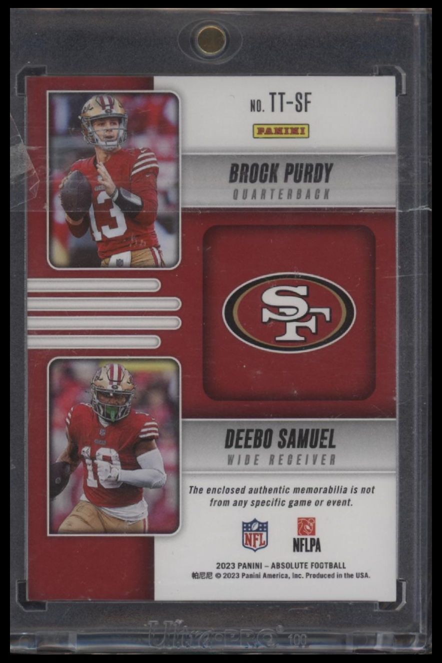 2023 Panini Absolute #TT-SF Brock Purdy / Deebo Samuel Team Tandem Gold #/99