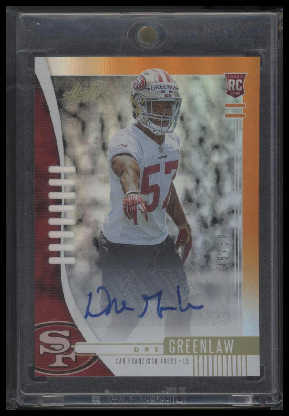 2019 Panini Absolute #186 Dre Greenlaw Signature Rookies Spectrum Orange #/50