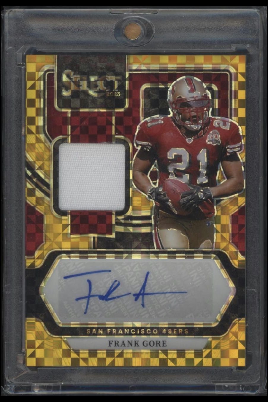 2023 Panini Select #SM-FG Frank Gore Signature Memorabilia Gold Prizm #/10