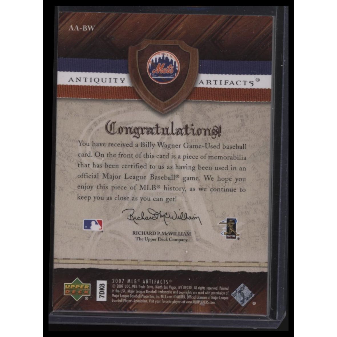 2007 Upper Deck Artifacts #AA-BW Billy Wagner Antiquity Artifacts Patch #/50