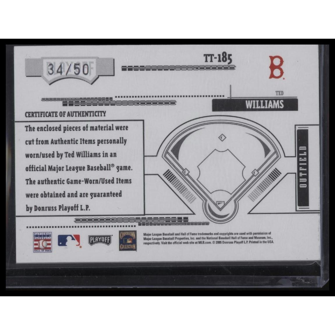 2005 Playoff Absolute Memorabilia #TT-185 Ted Williams Tools of the Trade #/50