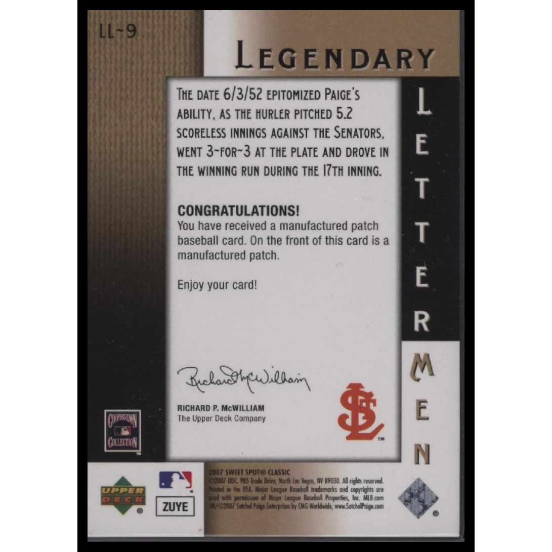 2007 Upper Deck Sweet Spot Classic #LL-9 Satchel Paige Legendary Lettermen #/25