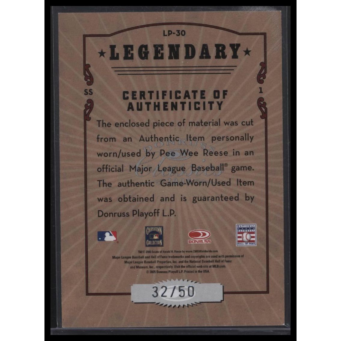 2005 Donruss Classics #LP-30 Pee Wee Reese Legendary Lumberjacks Bat #/50