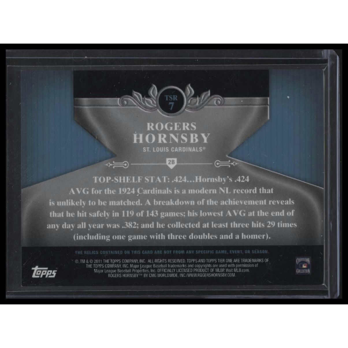 2011 Topps Tier One #TSR7 Rogers Hornsby Top Shelf Relics #/399