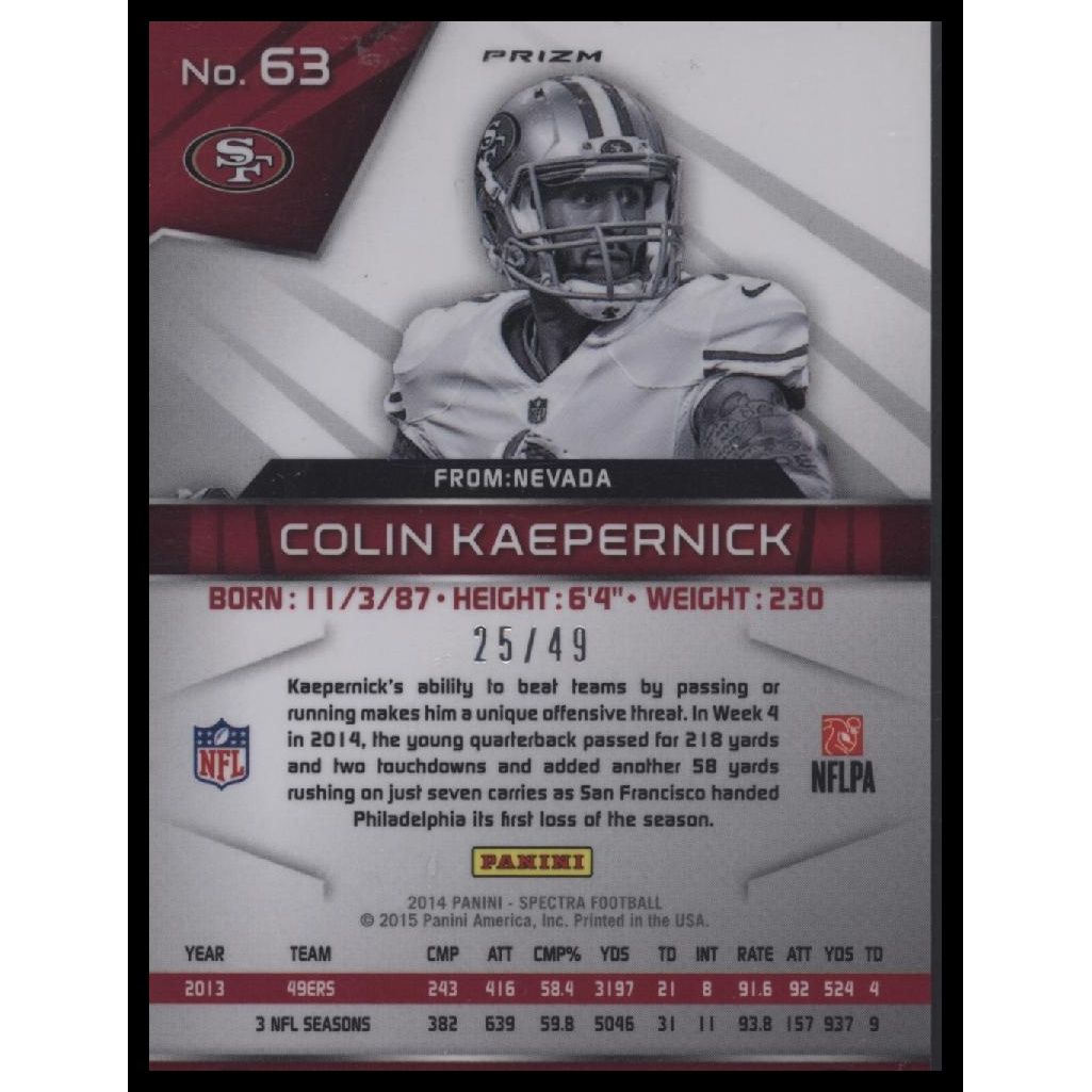 2014 Panini Spectra #63 Colin Kaepernick Prizms Blue #/49
