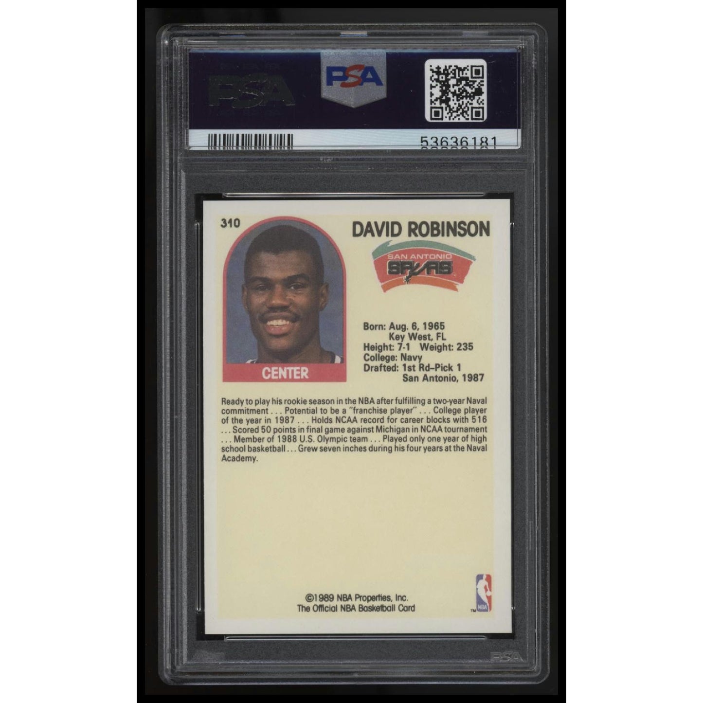 1989 Hoops #310 David Robinson PSA 8