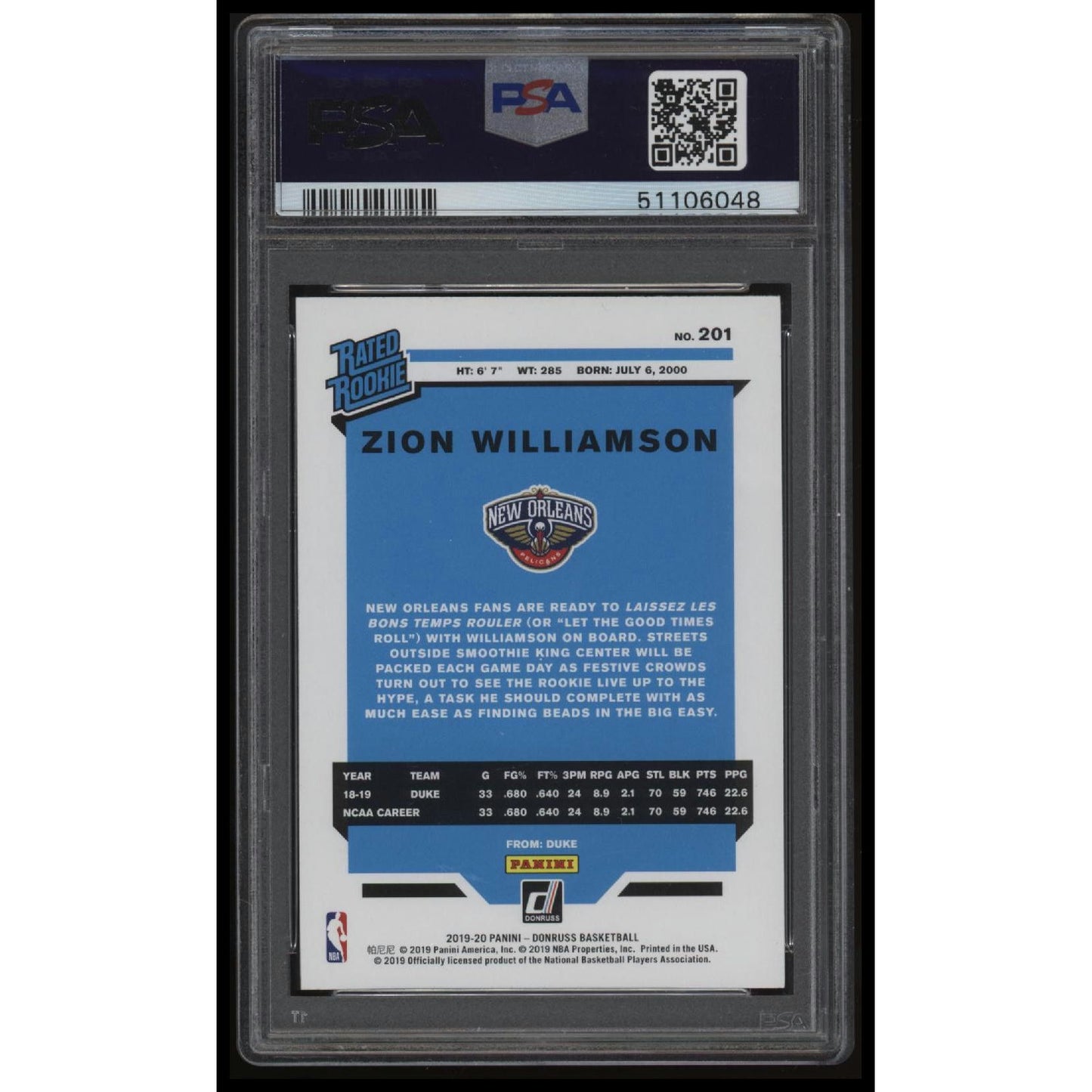 2019 Panini Donruss #201 Zion Williamson PSA 10