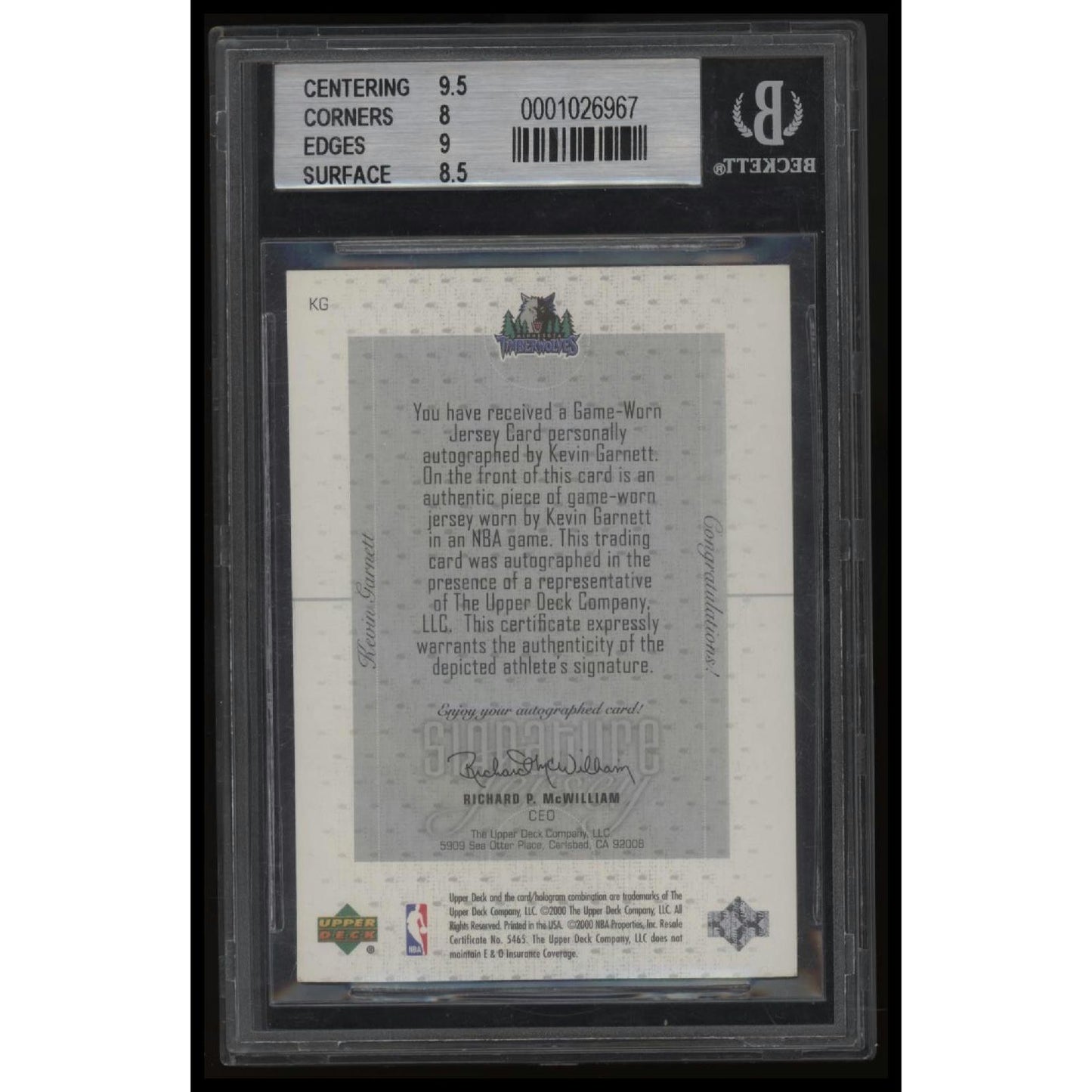 2000-01 Upper Deck Pros & Prospects #KG Kevin Garnett Signature Jerseys BGS 8.5